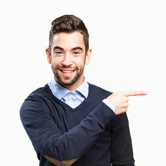 man pointing at blurb